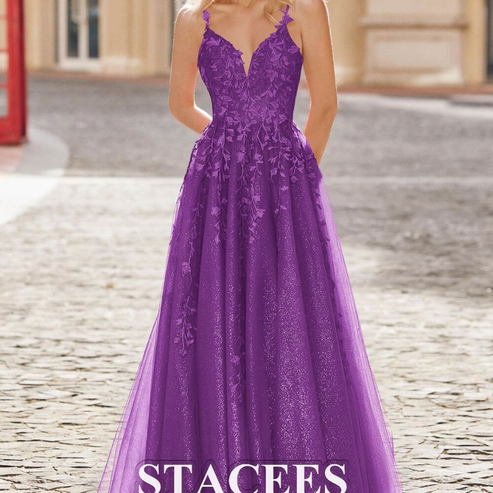 Stacee A-line Princess Sweep Train Tulle Prom Dress with Appliqued Glitter